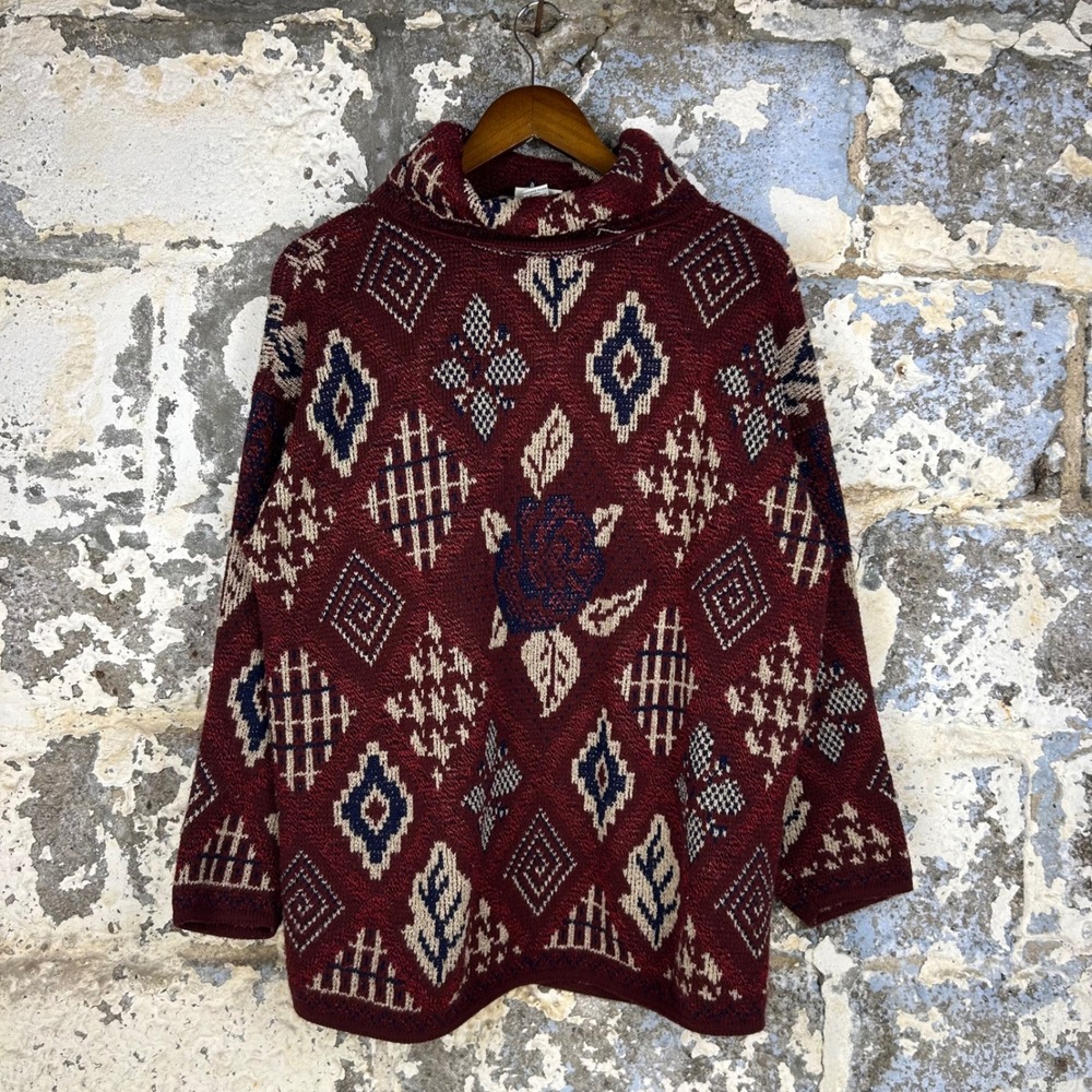 Classic Elements Grandma Sweater Womens Large Burgundy Vintage 90s Mock Neck